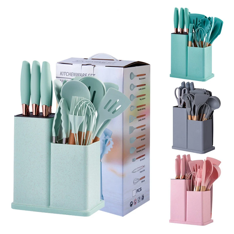 19 piece set household kitchen knife shovel brush whisk scraper holder storage box silicone kitchenware with wooden handle