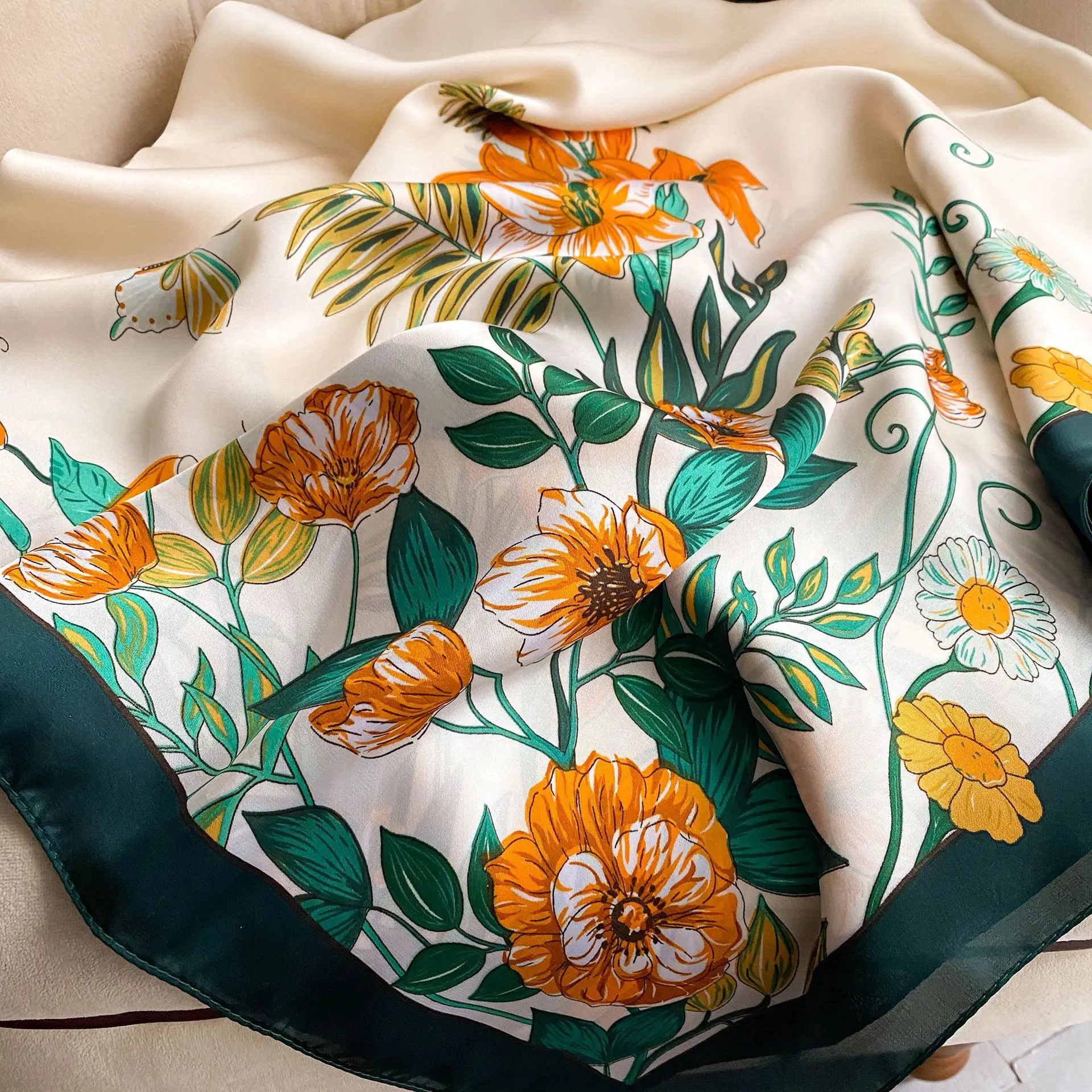 Wholesale 110cm Luxury Silk Modal Scarf Scarves Square Vintage Shawl Satin Silk  Head Scarf Custom Printing for women