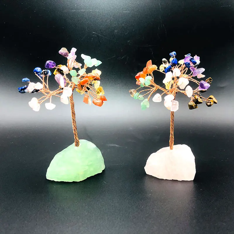 12cm Seven Chakra Gemstone Money Tree Rough Stone Base Copper Wire Tree For Decoration Rose Quartz Fluorite Crystal Tree