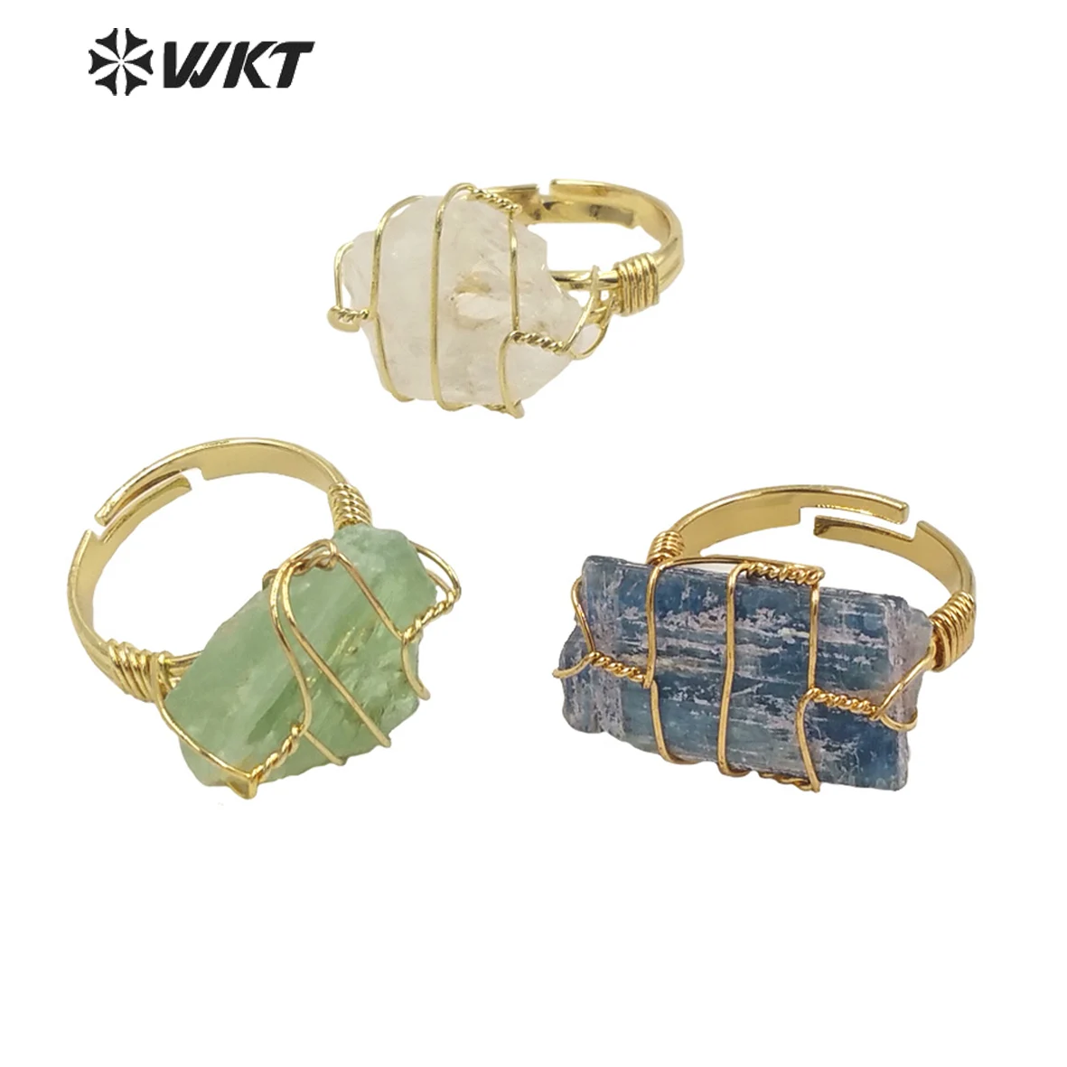 WT-R374 Wholesale Fashion Handmade Wire Wrapped Raw Stone Ring Women Gold vintage Boho Blue Kyanite Fluorite Ring