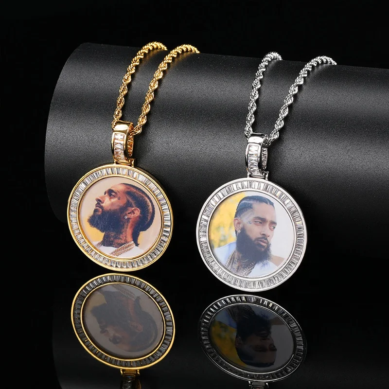 Custom Photo Necklace Personalized Family Memory Jewelry 18K Gold Plated Iced Out Baguette CZ Circle Picture Pendant Necklace