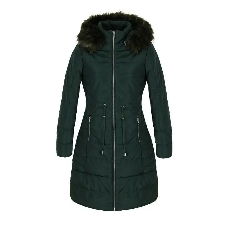Long Dark Green Korean Zipper Faux Fur Hooded Women Coat  For Ladies