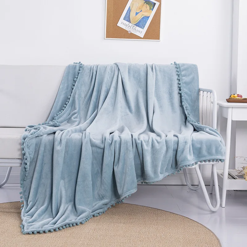 Reactive Printing and Dyeing Eco-friendly Flannel Blanket Four Seasons Super Soft Short Plush Tassel Ball INS Style Blanket