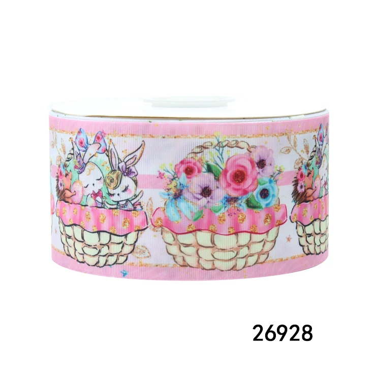 Custom 75mm Easter Ribbon Colorful Cartoon Pattern Plaid Print for Wreaths and Gift Decoration on Easter Day