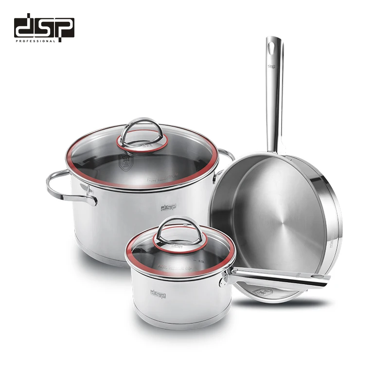 DSP Stainless steel pot set household three-piece kitchen frying soup pot combination cooking pot set