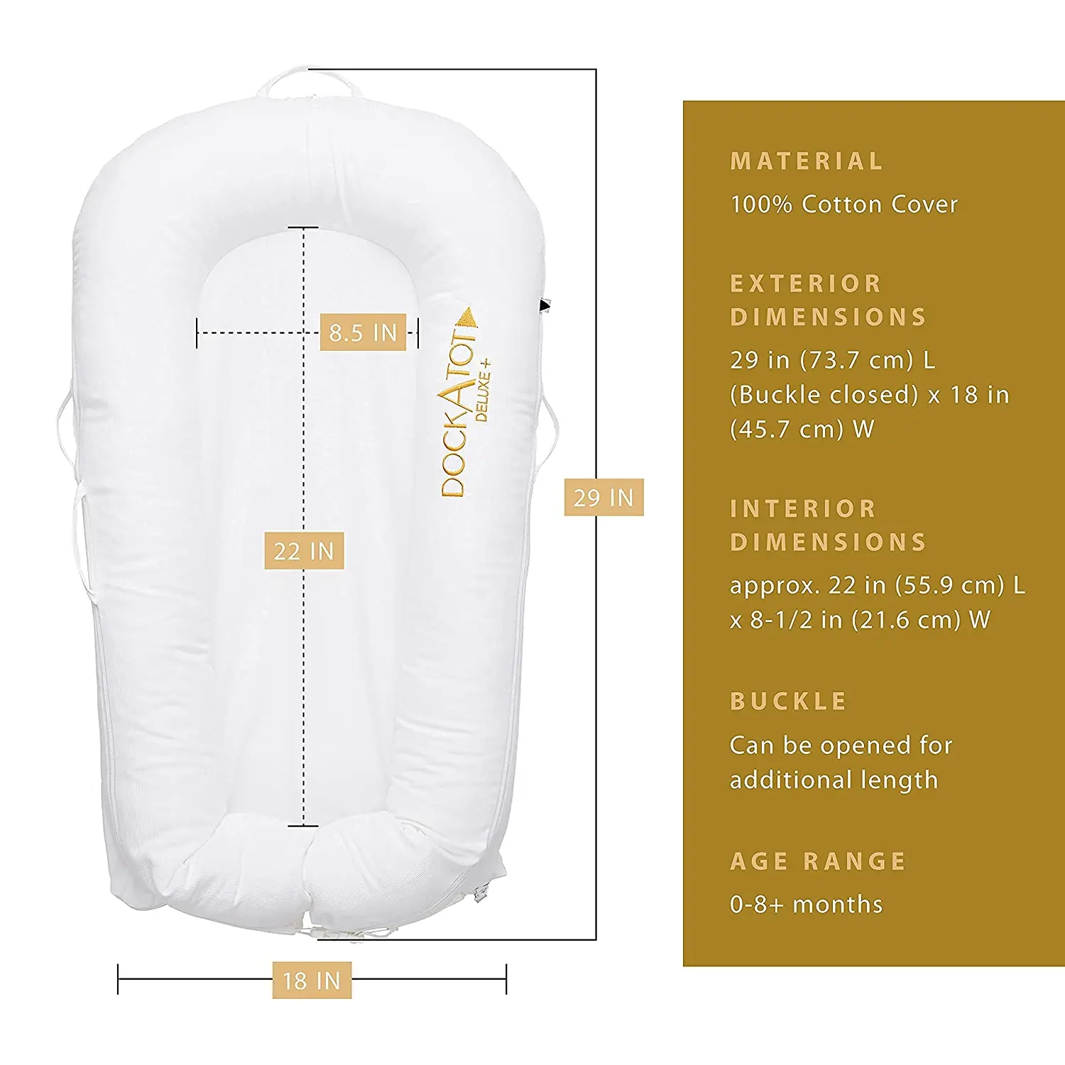 Lucklulu Deluxe+ Dock - The All in One Portable & Lightweight Baby Lounger - Suitable from 0-8 Months (Pristine White)