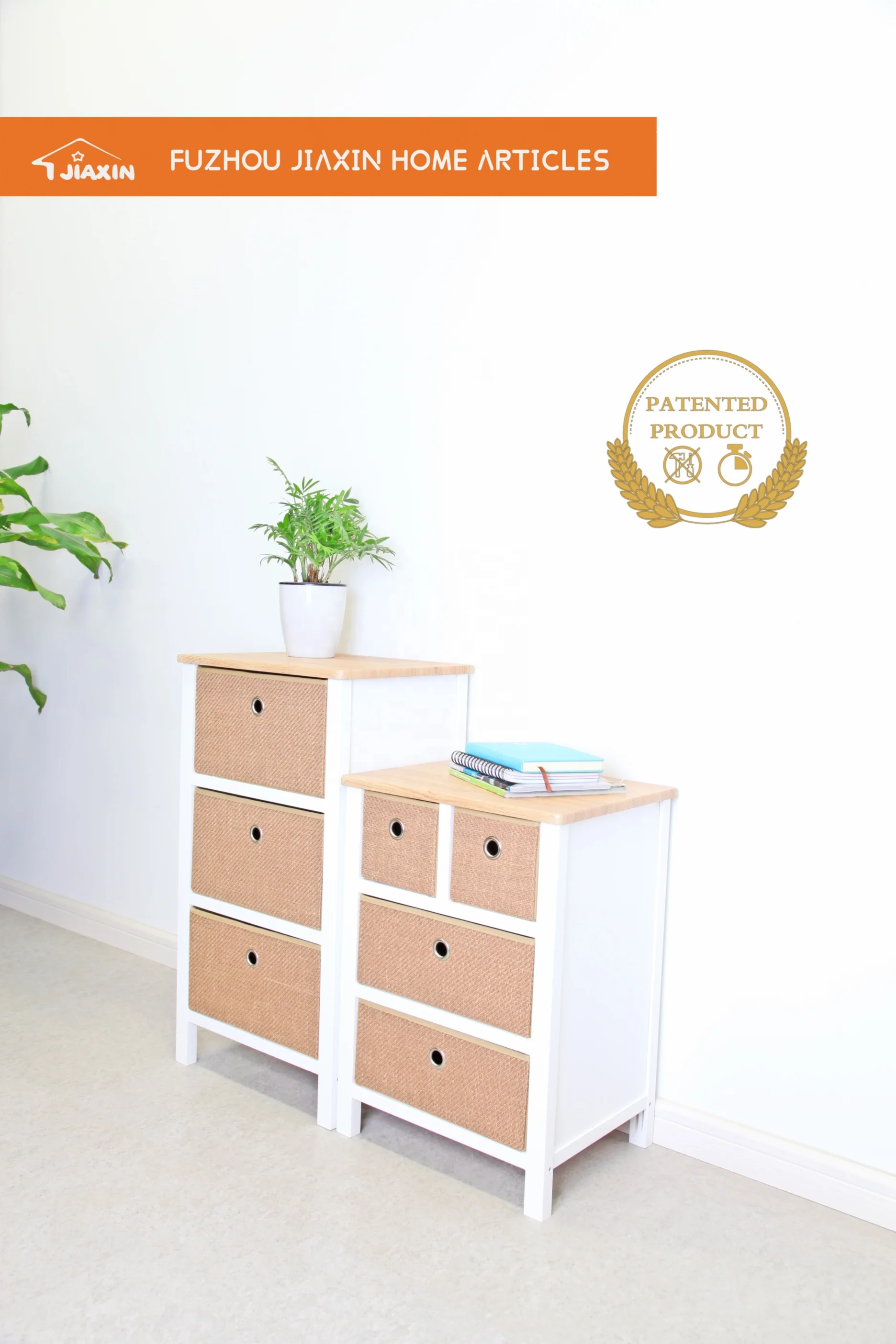 Foldable Wooden Night Stand for Bedroom or Living Room Straw Fabric Storage Drawer Side Table