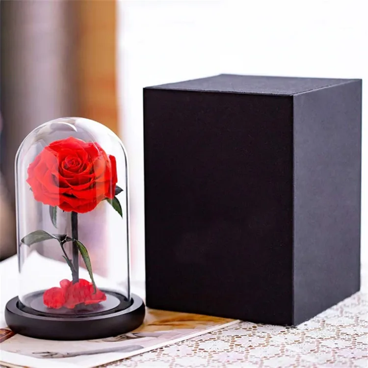 UO Hot 12*20cm Beauty Beast Belle LED Red Real Everlasting Decor Flower Gift Box Forever Eternal Preserved Roses in Glass Dome