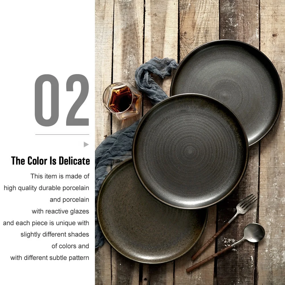 High Quality Reactive Black Catering Porcelain Plate Dishes Kitchen Round Ceramic Dinner Plates For Restaurant Hotel