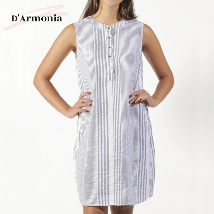 Italy Manufacture Linen Strip Design Button Fashion Comfortable Dailywear for Women