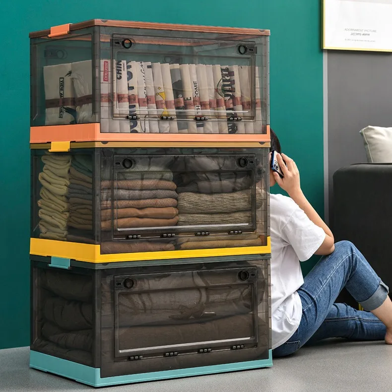 Folding Storage Box 27/40/56/88/120L Transparent Plastic Organizer with Lid Multifunction Cabinet with Pulley Clothes Storage