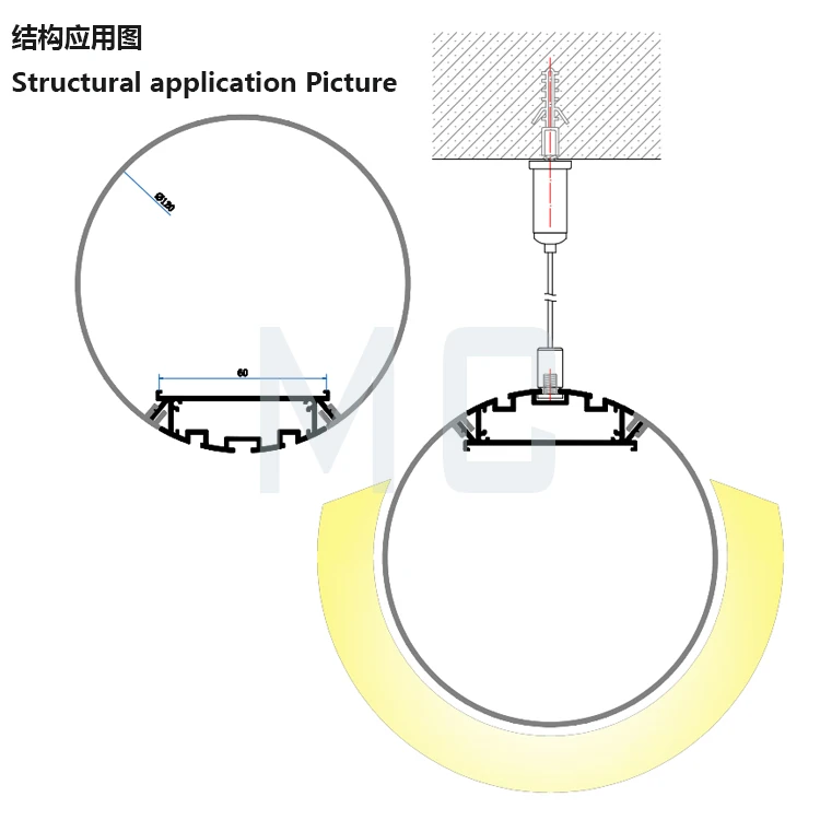 ZM linear lighting 60mm round aluminium profiles for led strip use as hanging rail Round aluminum LED profile