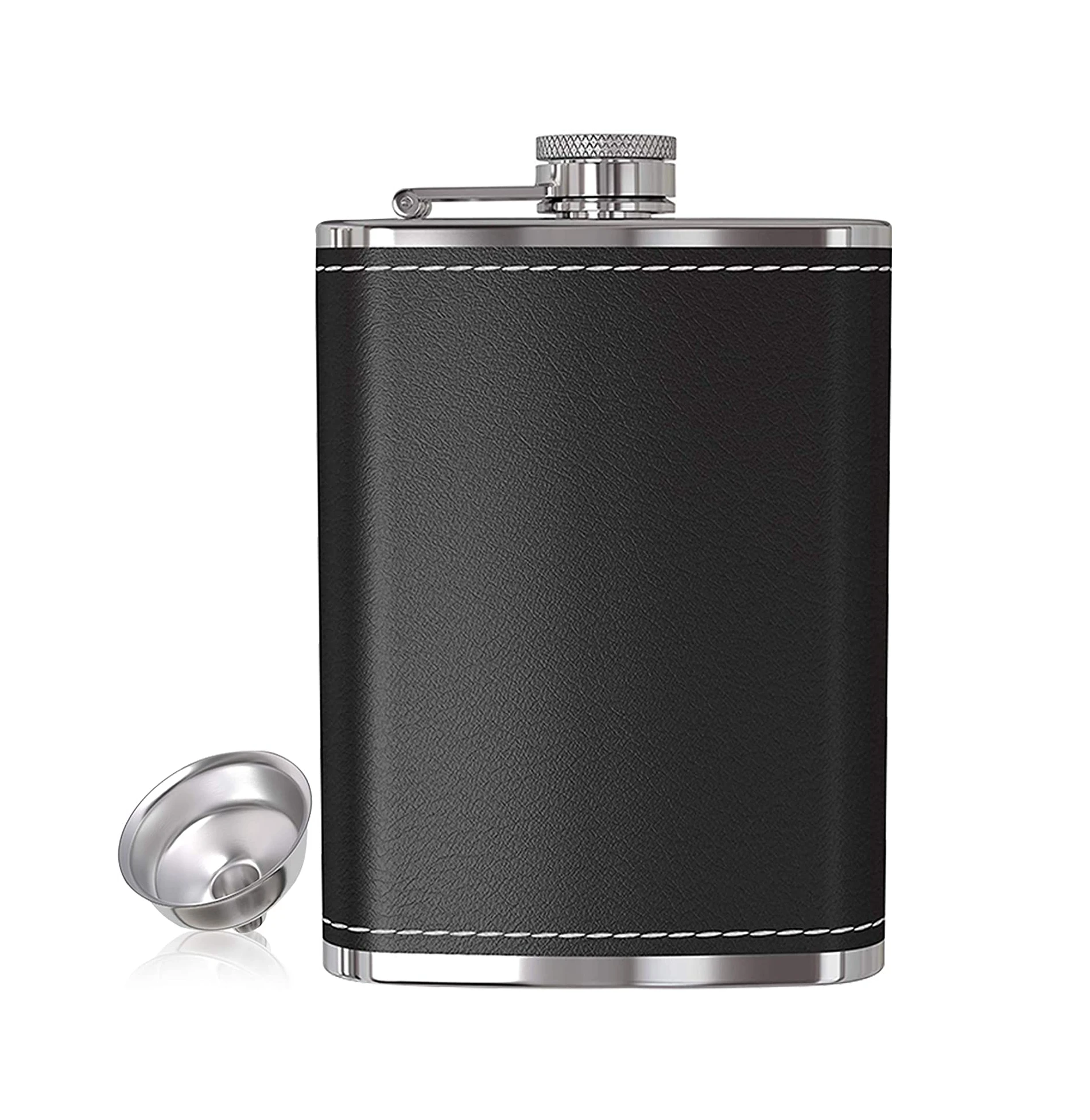 Custom Logo Pocket Leather Wrapped Whiskey Funnel and Cups Custom 6oz 7oz 8oz Metal Stainless Steel Whisky Hip Flask Gift Set
