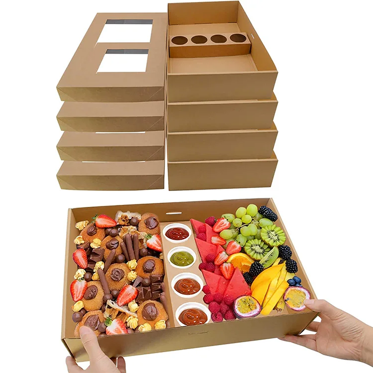 Heavy Duty Kraft Paper Takeway Food Window Lid Sauce Holder Catering Grazing Platter Box With Dividers