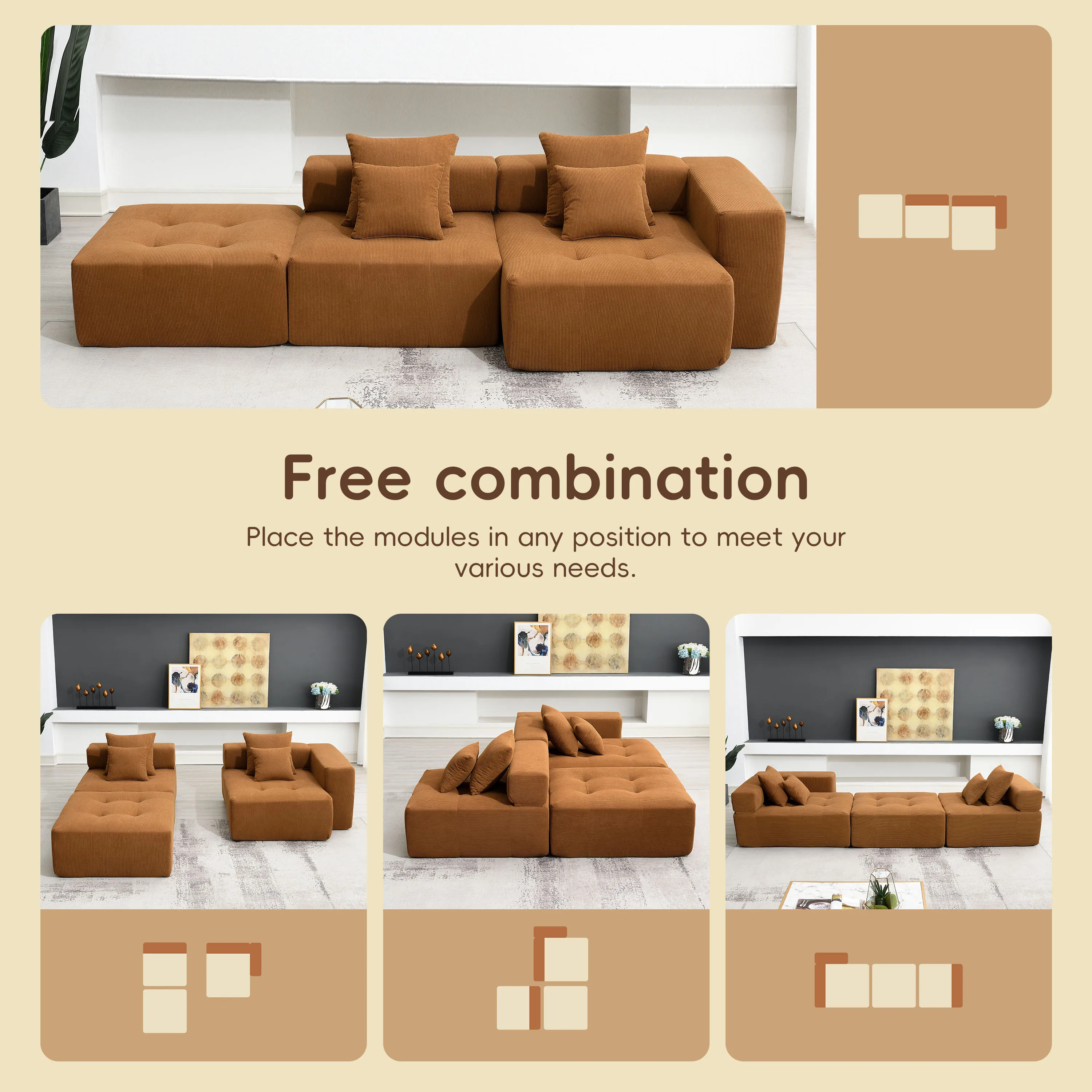 L Shaped Modular Sectional Sofa,Minimalist Corduroy Floor Couch Set,Convertible Foam-Filled Cloud Compressed for Living Room
