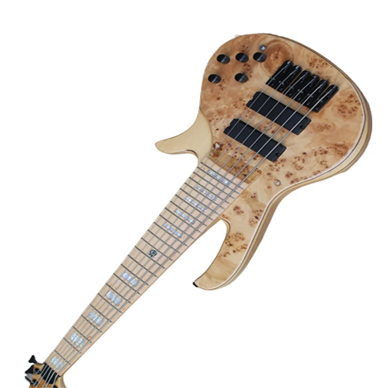 Flyoung 6 Strings Natural Wood Color Electric Bass Guitar With White Pearl Inlays free shipping stock