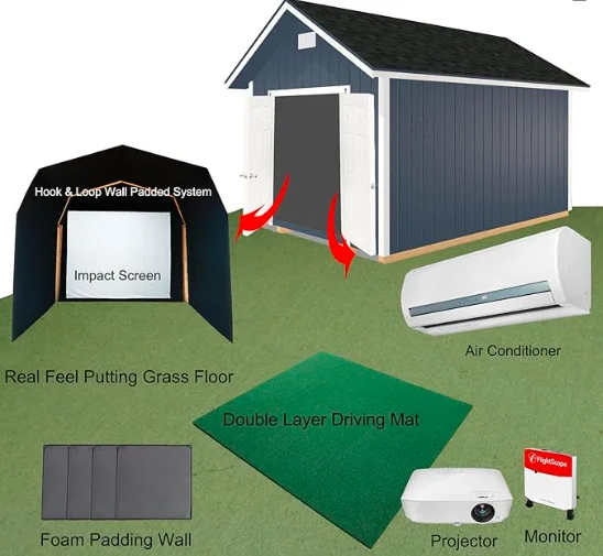 IMPACT SPORTS-Seperate golf space-Wooden golfing shed waterproof shed with all , including golf projector, golf launch monitors