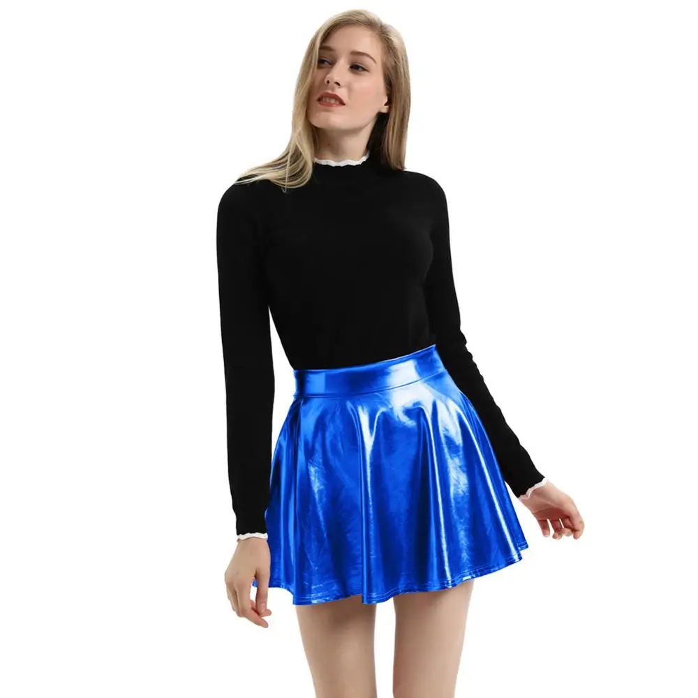 KK001128 Women Retro Style Imitated Leather Shiny Metallic Skater Skirt
