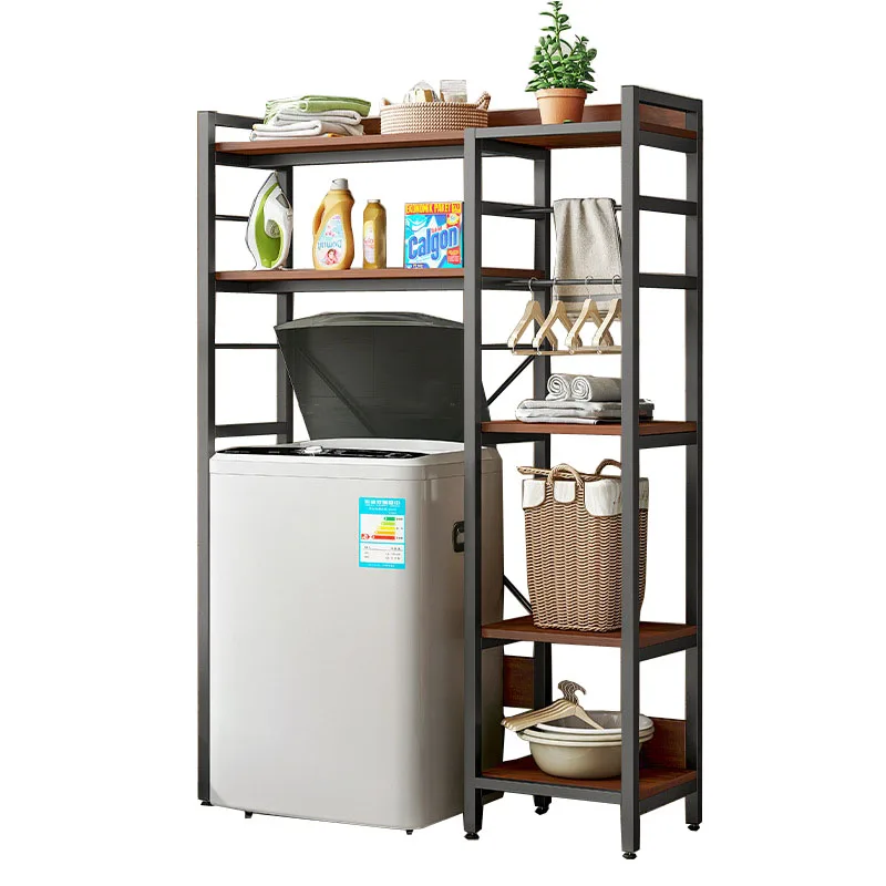 Large Capacity Multi-tier Bathroom Metal and Wooden Washing Machine Storage Shelf Rack