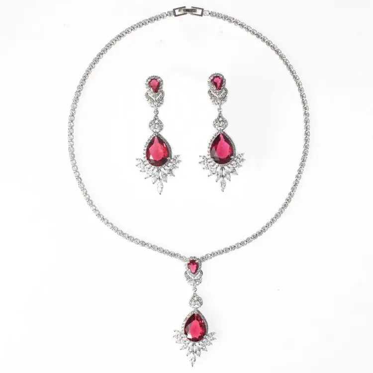 Bridal Silver 925 Jewelry Sets Zircon Pendant Necklace Drop Earrings Set Indian Wedding for Women High Quality Blue Green Brass