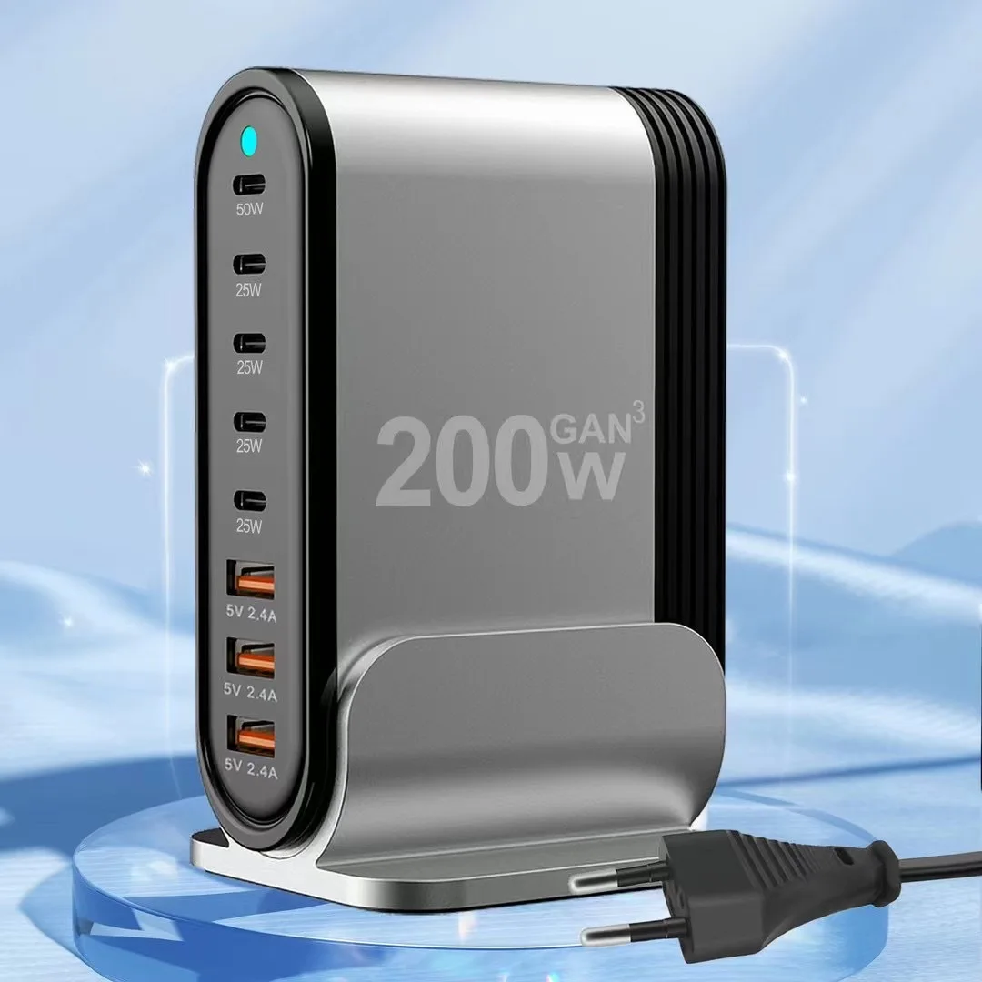 200W GaN USB C Block 8 Port PD USB C  QC 3.0 USB A Laptop Power Adapter Super Fast  Charging Station Hub Wall Charger