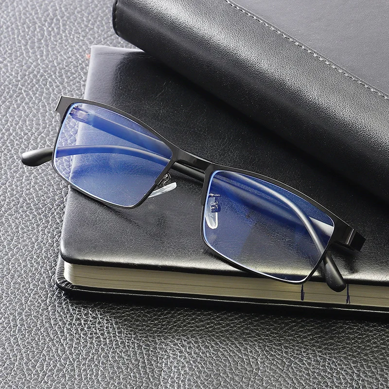 High quality Flat Mirror Business Stainless Steel Simple Anti blue light Glasses with metal hinge