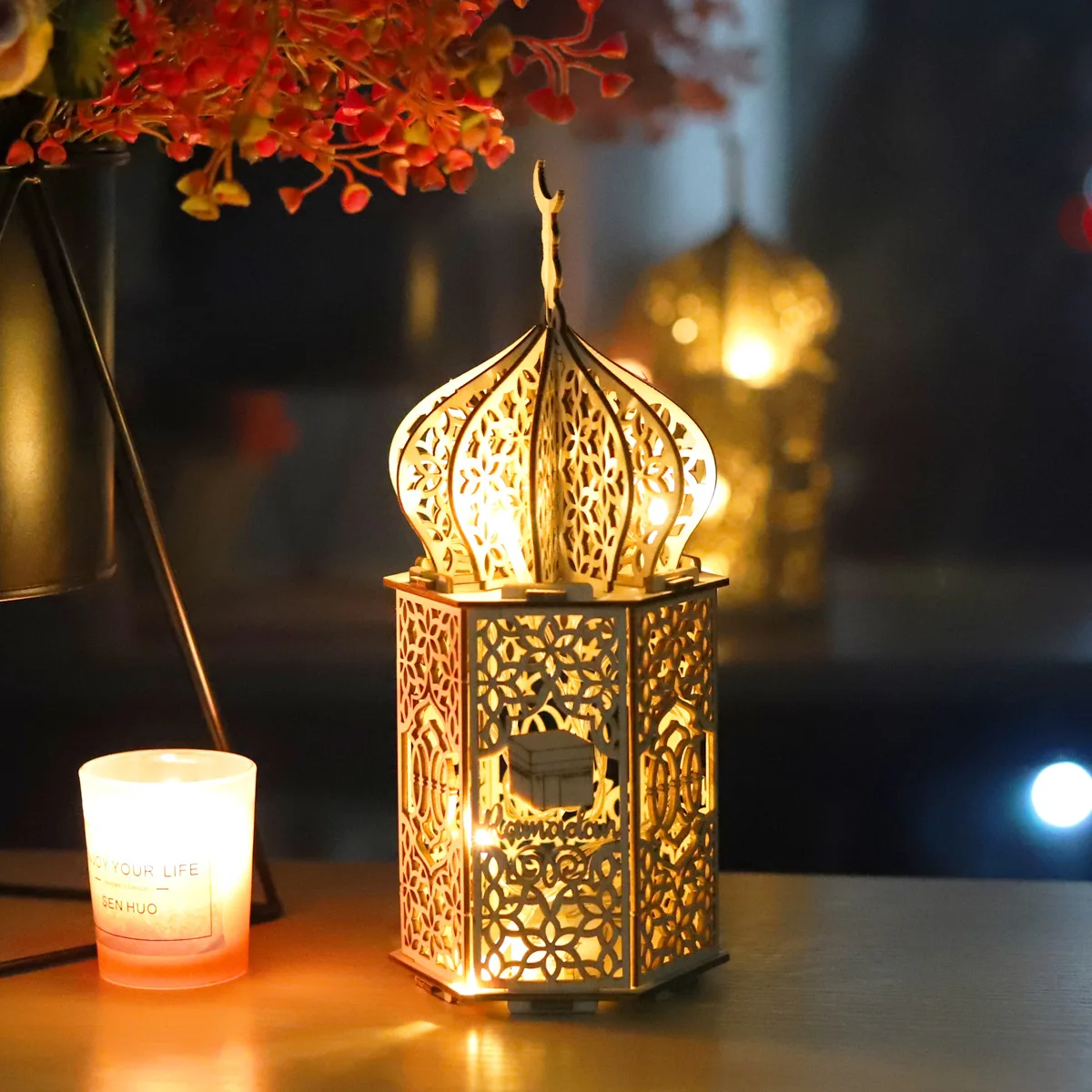 Kanlong Ramadan Wooden Handicraft Muslim Palace Lighted Gifts Decorative Lamp