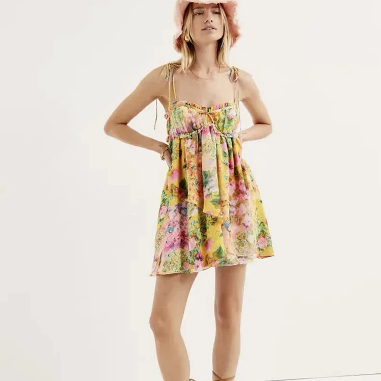 Bow Ruched Bra Corset Style Flower Print Spaghetti Strap Mini Dress Women Backless Skater Lacing up Sling Robe Holiday