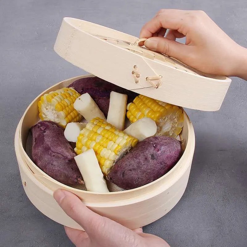 10 Inch Bamboo Vegetable Steam Pot 2 Tier Bao Buns Basket Containers With Custom Logo Box