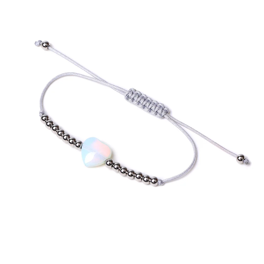 Simple 4mm stainless steel bead ball nature stone heart shaped charm pendant bracelets adjustable rope woven bracelet for woman