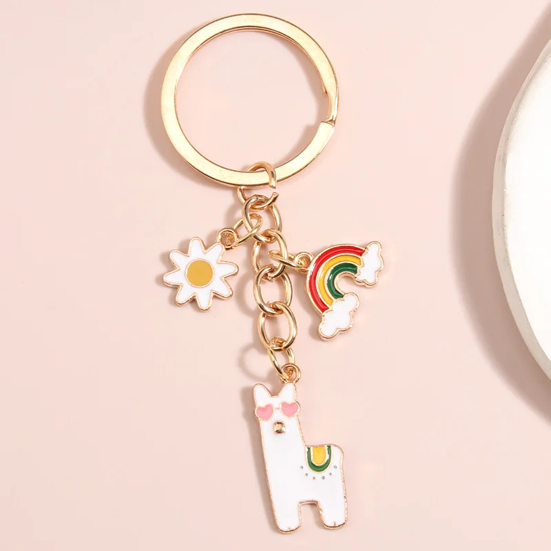 Colorful Flower Heart Alpaca Enamel Key Ring Customized Alloy Enamel Charms Keychain Kids Animal Keyring