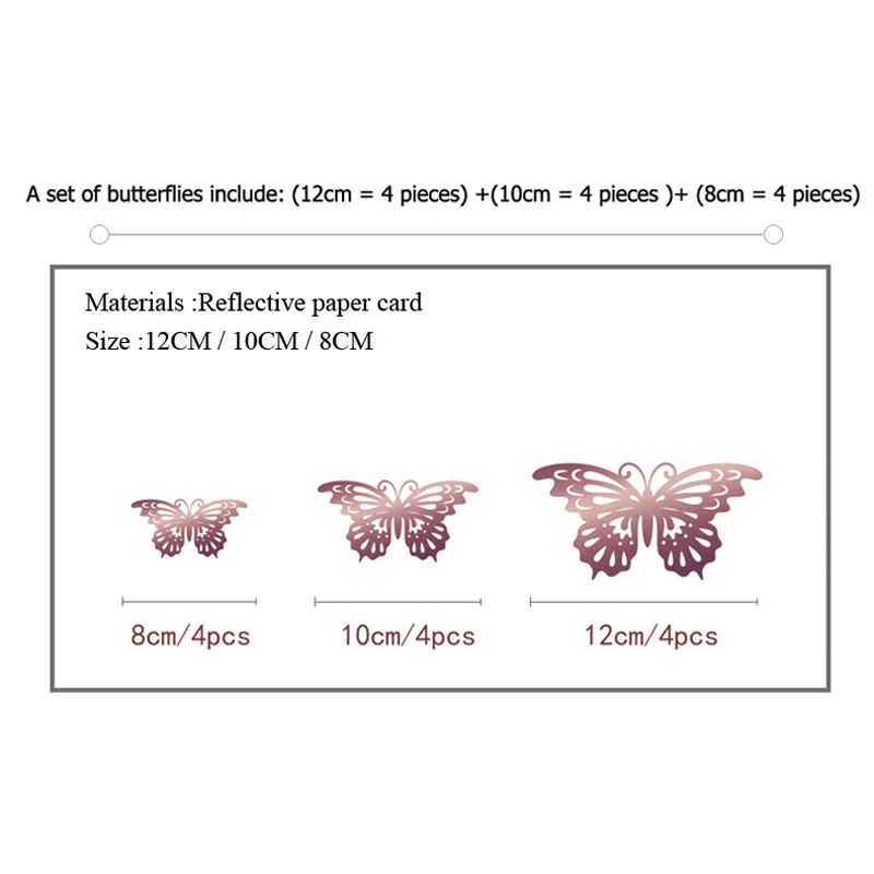 12 Pcs /Pack Gold Rose Gold Color 3D Wall Stickers for  Wedding Birthday  Decors Butterfly Wall  Decor
