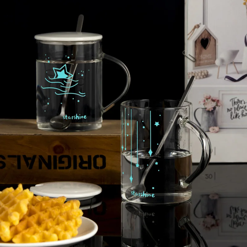 starry night light glass personality net red water cup with lid spoon home office couple cupdrinking glass coffee mugs