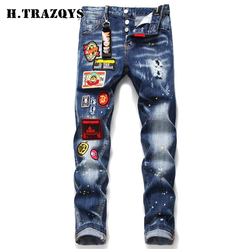 Wholesale Branded Denim Pant OEM Custom logo Paint Embroidery Ripped Stretch Skinny Men Jeans