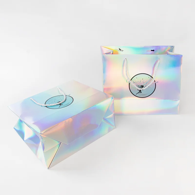 Metallic Shiny Laser Surface Shopping Paper Tote Bag Boutique Retail Grocery Clothes Gift Packing Paper Bag Custom Shopping Bag