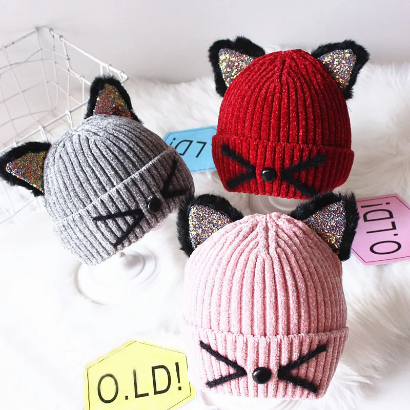 Cartoon cat Kids cap Custom Baby Knitted Winter Hats Fashion New Style Warm Winter Knit Hat Korean version of  Ins Wool Hat
