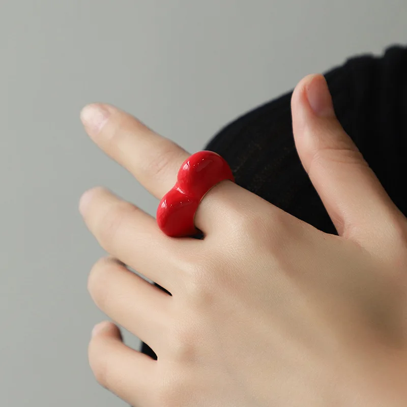 KJ Valentines Day Love Peach Ring Original Design Pink Red Black Heart Hollow Alloy Enamel Ring