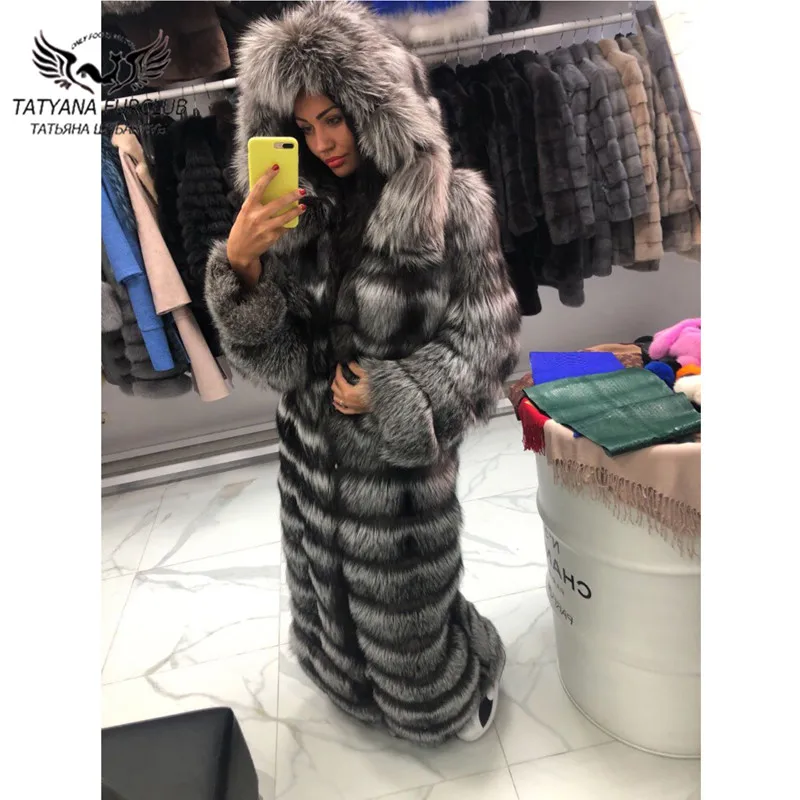 130cm Long Real Fox Fur Coat With Hood Thick Warm Natural Fur Coats Women Outwear Luxury 2021 Trendy Female Fur Overcoats