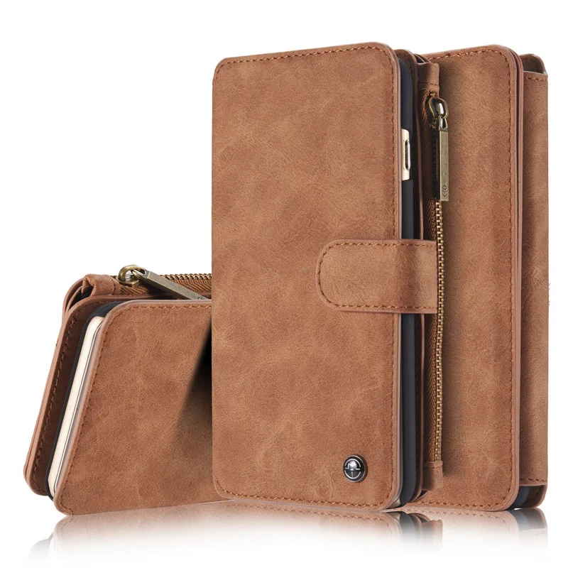 Multi-function zipper business leather case mobile phone Detachable case split flip card wallet for iphone Samsung