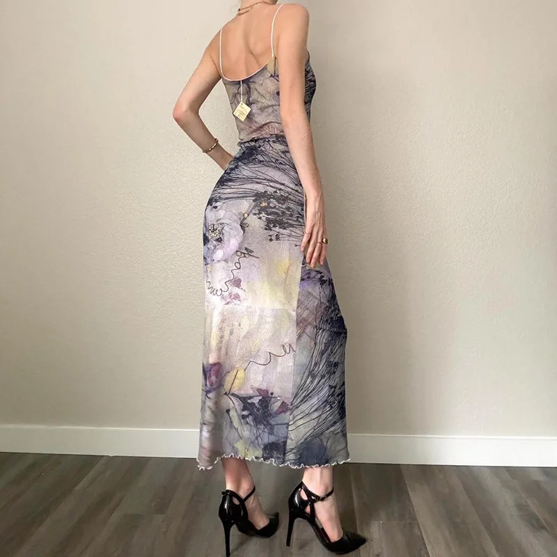 National style printing sleeveless skirt women sexy backless bodycon fitted tight A Swing Dress
