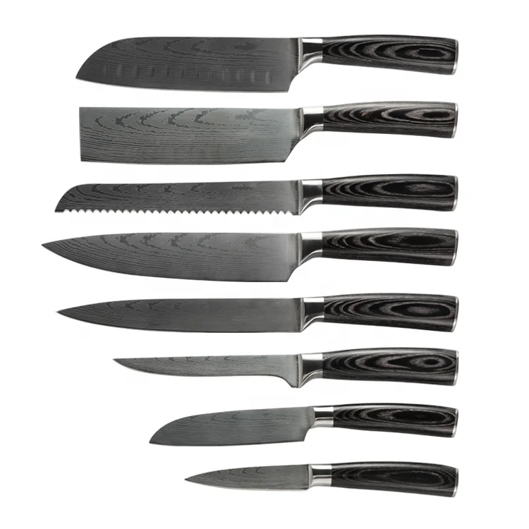 GOODA 8pcs Kitchen Chef Knives Set Damascus Laser Pattern Slicing Santoku Tool Japanese High Carbon Stainless Steel 8 Inch Metal