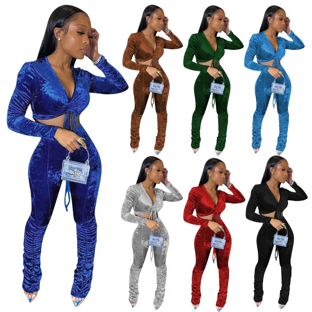 
Fall 2021 Women Clothes Suit Two Piece Sets Jogging Femm Velour Tracksuits Leggings Fall Pant Stacked Pants 2 Piece Set Women 