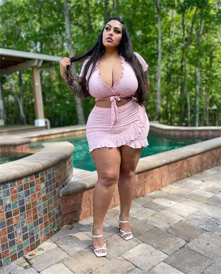Plus Size L-4xl Ruffles Skirt 2 Piece Set For Women Clothing Polka Dot Print V-neck Two Piece Skirts Set Womens Set Plus Size