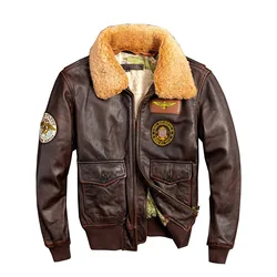 PDEP plus size 5XL military mens pilot jacket and coat brown genuine leather fur collor bomber winter jacket for men