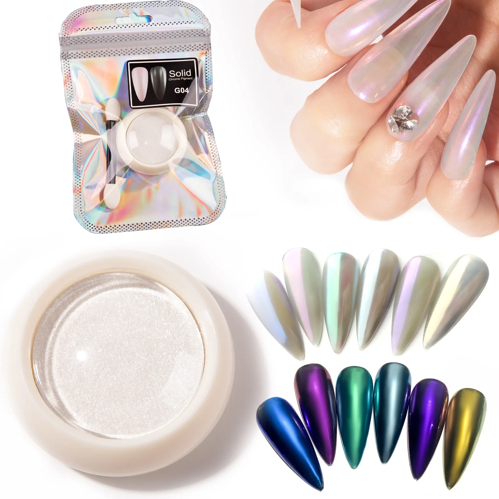 Factory Wholesale 6 Colors Shiny Mirror Powder Private Label White Aurora Nail Art Effect Salon DIY