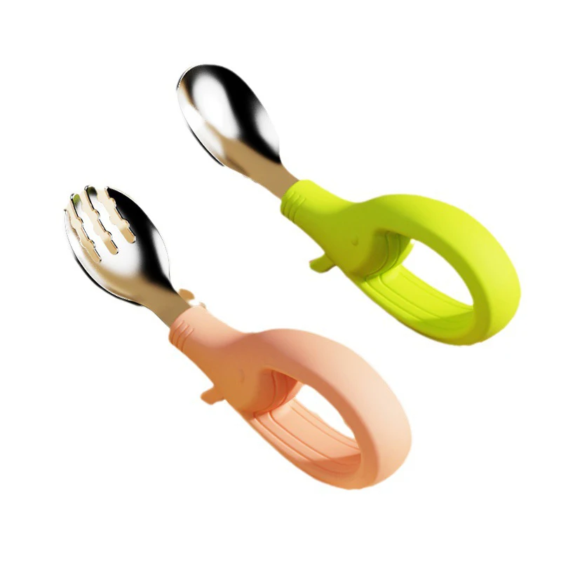 Factory Wholesale 100% Food Grade Silicone + Metal Cute Elephant Baby Spoon Fork Set Eating Cutlery for Kid Feeding Training
