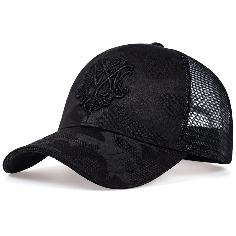 Custom cotton plain curved brim 5 panel embroidered black mesh with applique logo baseball trucker cap