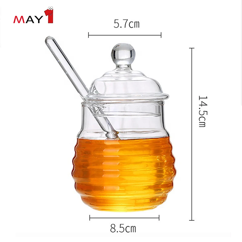 Food Grade Clear Round Shape Beehive Style Borosilicate Glass Honey Jar jam jar with Dipper with Lid