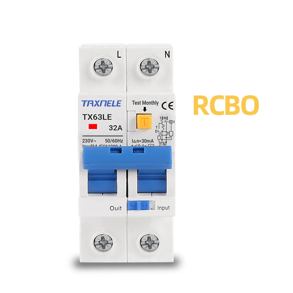 230V 2P Residual Current Circuit Breaker MCB 30mA Overload Short Current Leakage Protection Protect RCBO RCCB RCD 16A 32A 63A