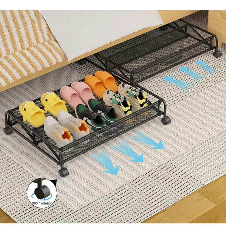 simple removable metal shoes rack household under bed shoes organizer rack with wheels Carbon steel mesh cloth shoes organizer